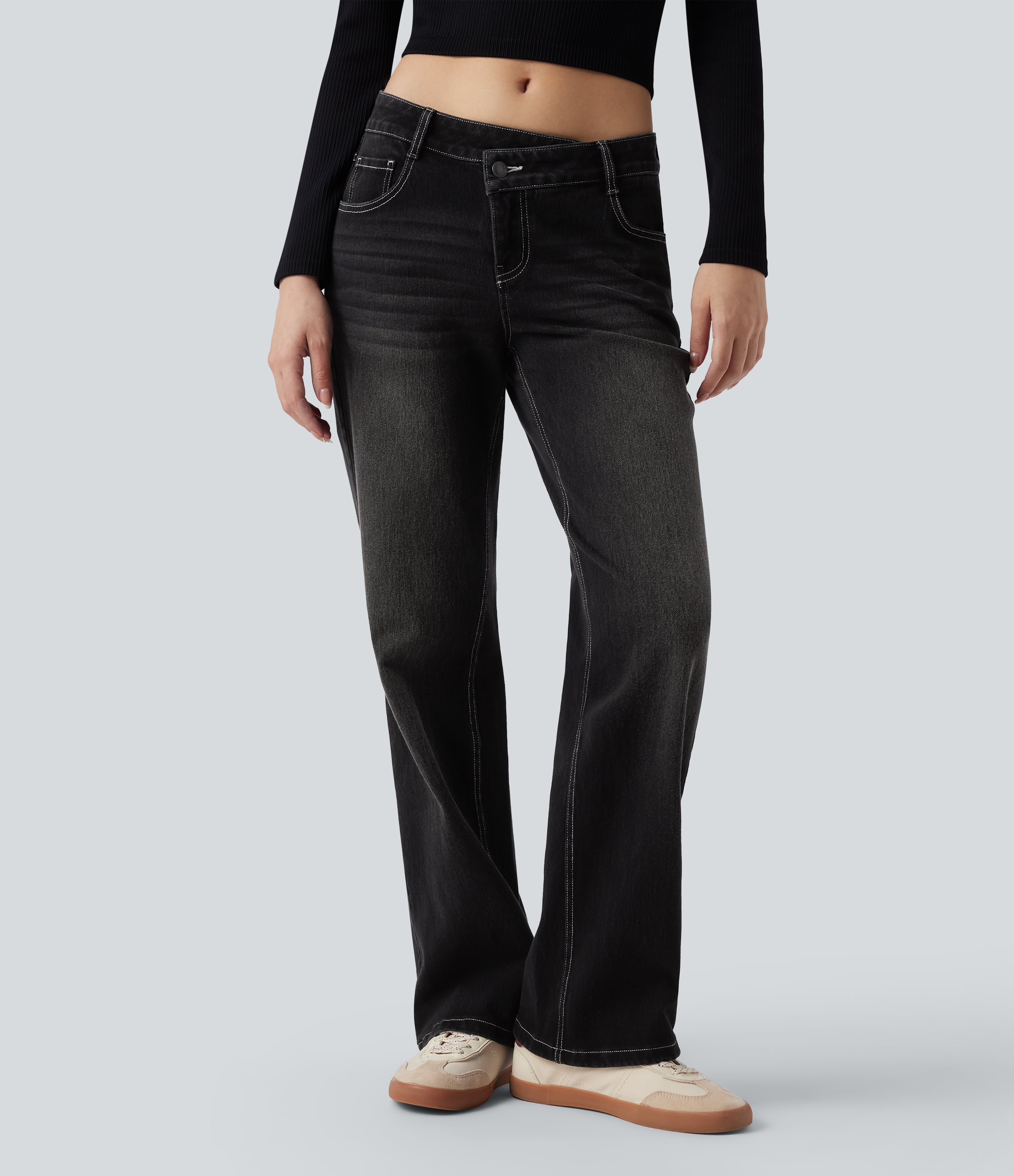 FlexAsymmetric Low Rise Straight Leg Casual Jeans with Pockets