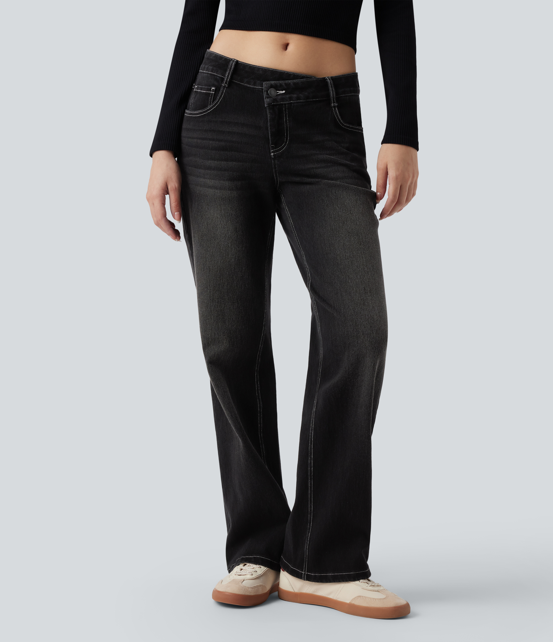 FlexAsymmetric Low Rise Straight Leg Casual Jeans with Pockets