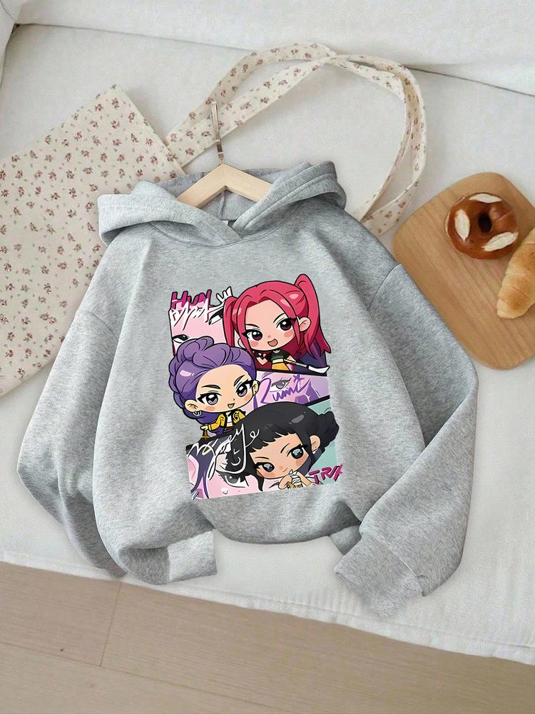 Girls' Kpop Hunter Series Hoodie, Long Sleeve Cartoon Print Pullover, Casual Comfortable Spring & Fall Fashion, Fitted Style