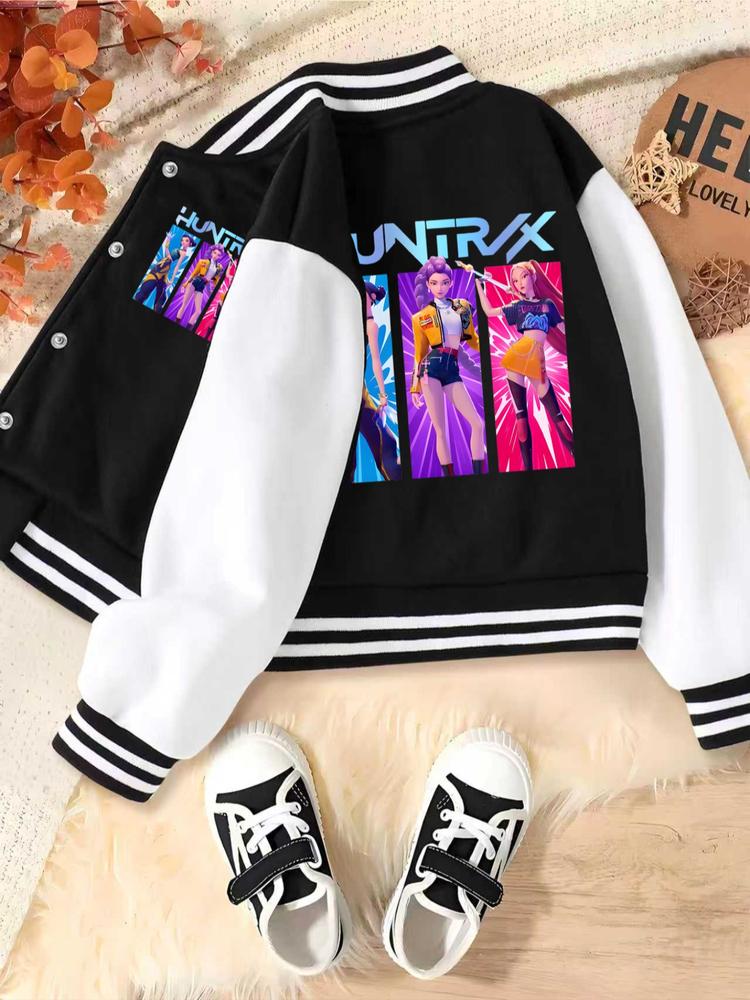 Girls Short Baseball Jacket Coat, Casual Sports School Uniform, Elastic Fabric, Trendy Kids Clothing, Fall & Winter Halloween Option