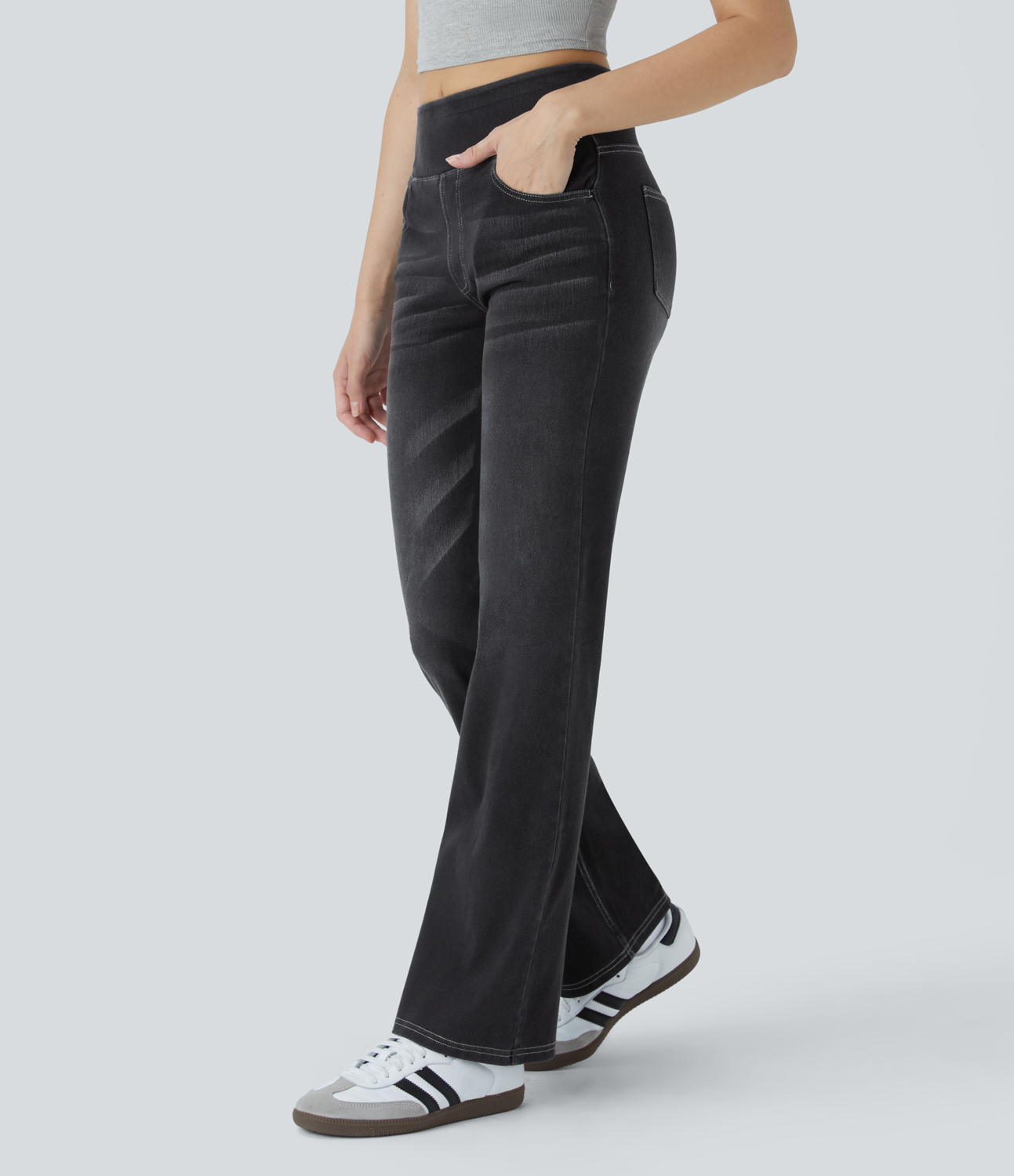 FlexHigh Waisted Pockets Washed Casual Bootcut Jeans