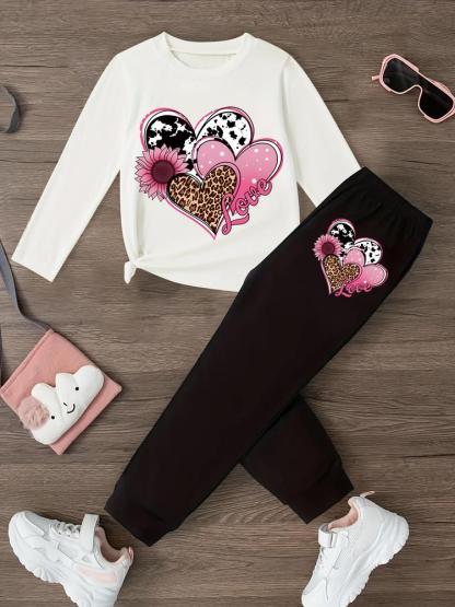 Girls' Leopard Heart Print Long Sleeve T-Shirt & Casual Sweatpants Set, Spring & Fall Fashion, Comfortable Kids Clothing Gift
