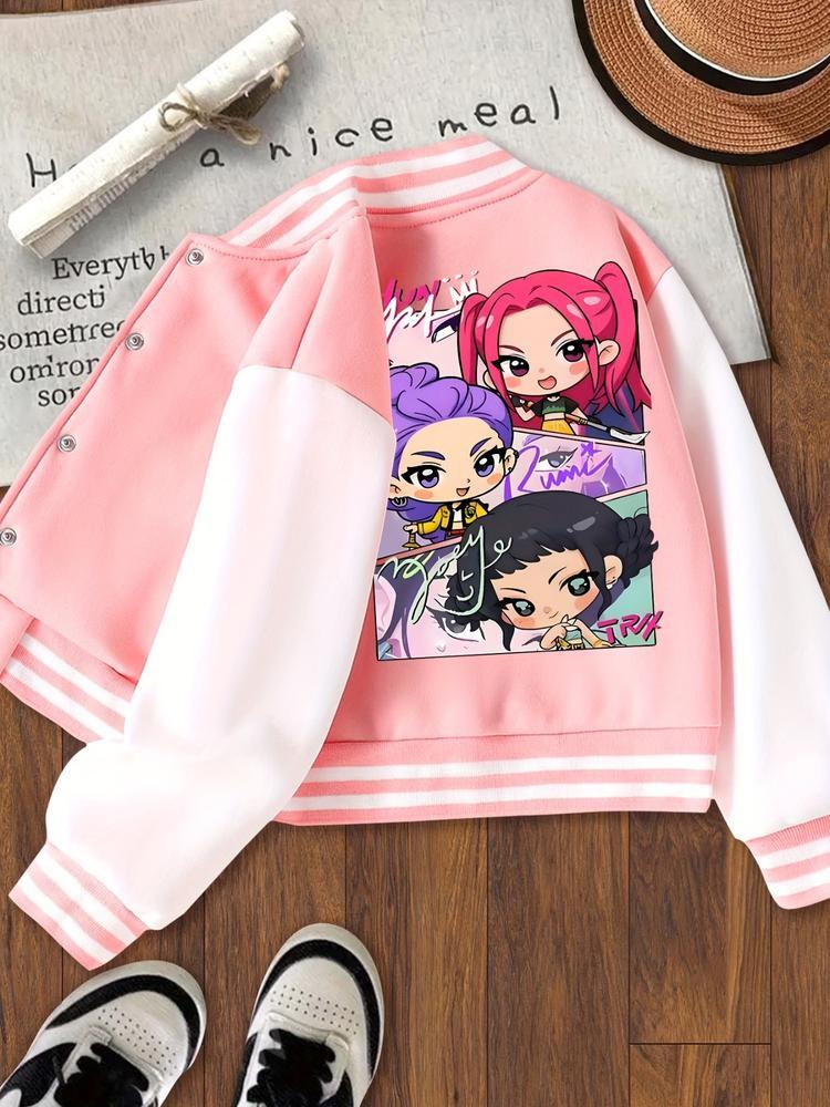 Girls' Halloween Christmas Short Baseball Jacket Coat, Kpop Hunter Design, Elastic Fabric, Fitted Style, Fall Winter Outdoor Indoor Sports Wear