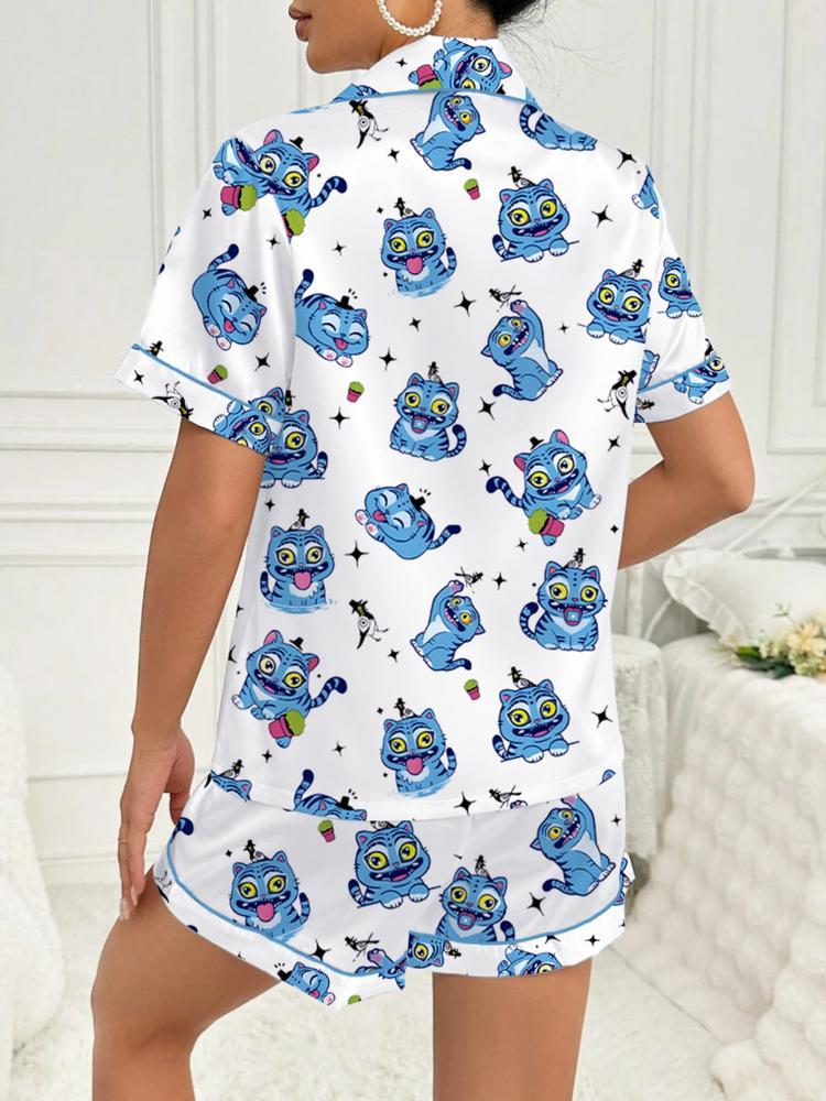 Women's K-Pop Demon Hunter Tiger Pajama Set, Two-Piece Short Sleeve Button-Up Top & Shorts, Comfortable Home Wear, Netflix Fan Gift