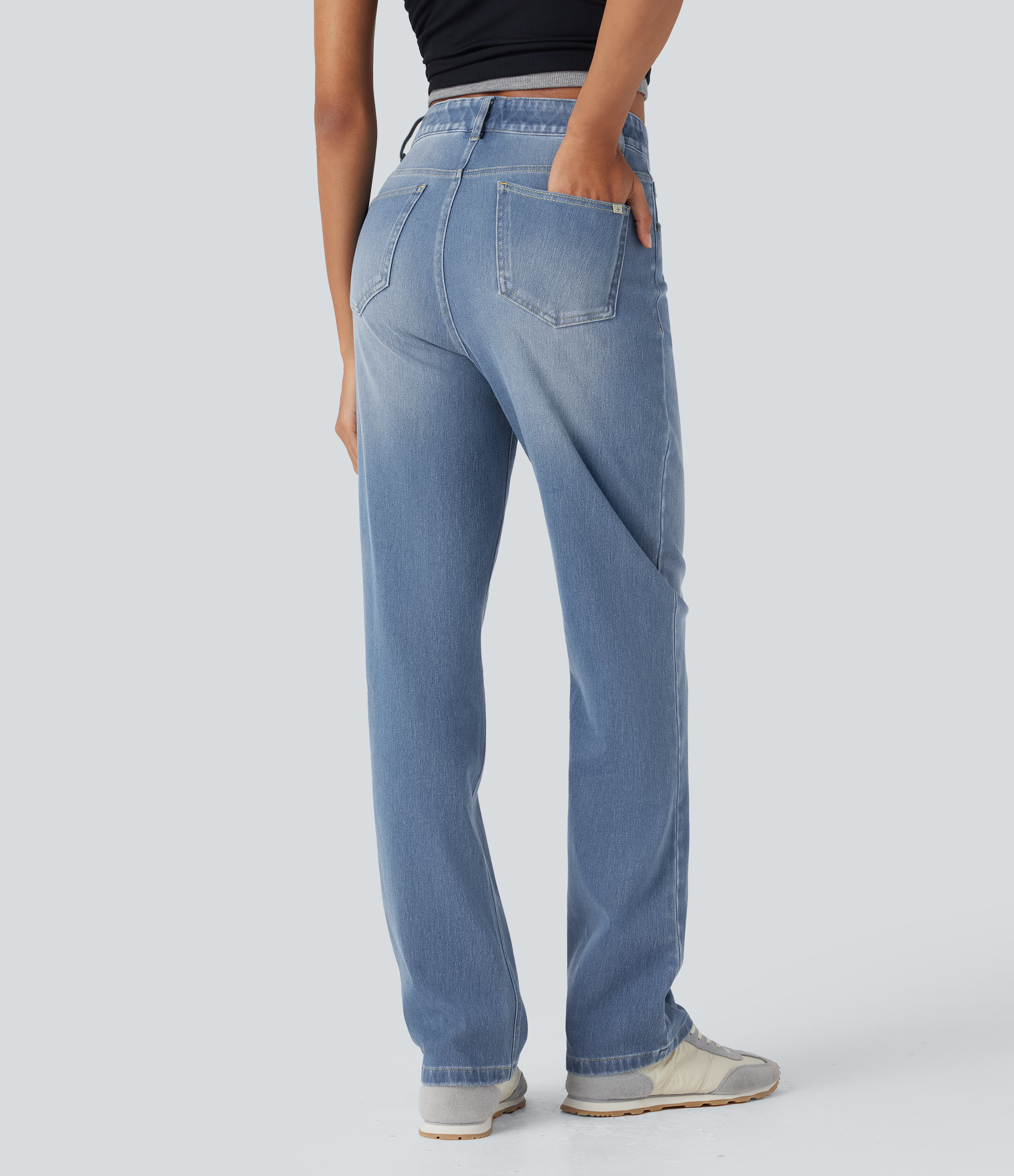 FlexHigh Waisted Pockets Straight Leg Washed Casual Jeans