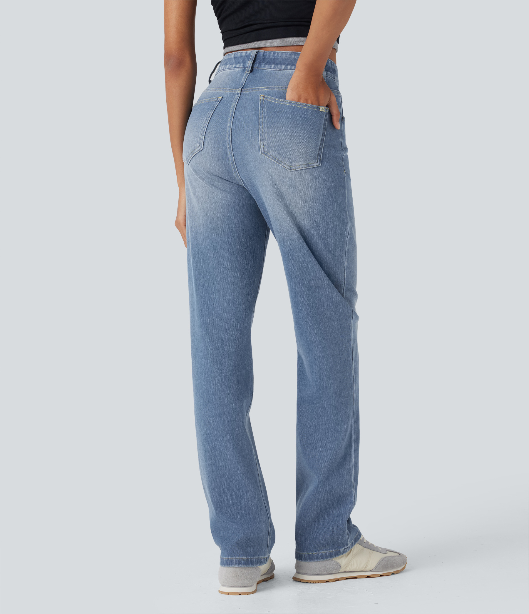 FlexHigh Waisted Pockets Straight Leg Washed Casual Jeans