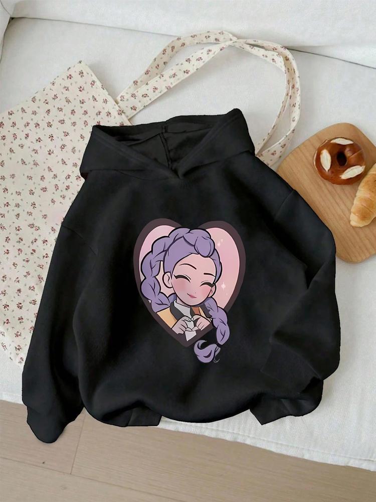 Girls' Kpop Hunter Series Hoodie, Long Sleeve Cartoon Print Pullover, Casual Comfortable Spring & Fall Fashion, Fitted Style, Graphic Casual Hoodie