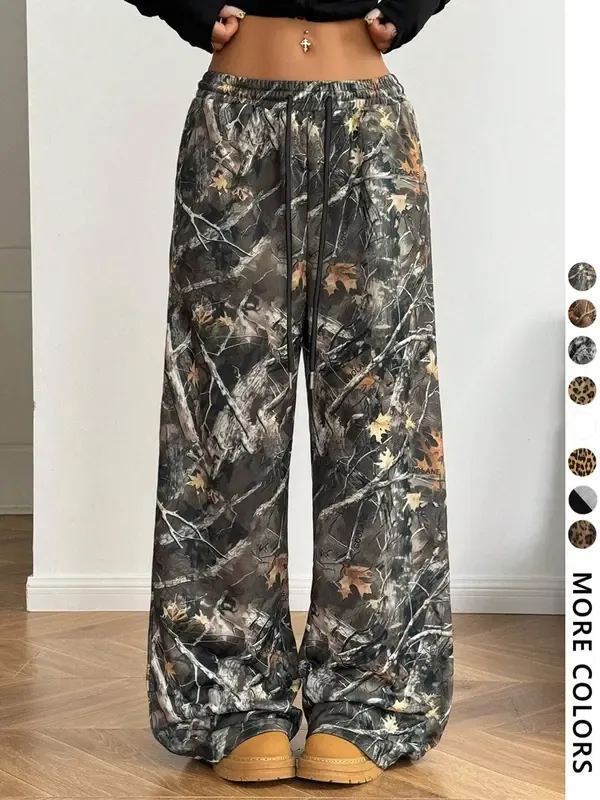 Women's Colorblock / Letter / All Over Print Drawstring Waist Wide Leg Sweatpants, Casual Pocket Trousers for Fall & Winter, Women's Bottoms for Daily Wear