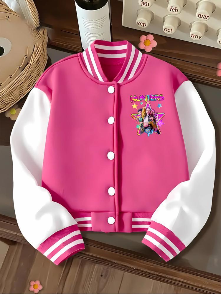 Girls Short Baseball Jacket Coat, Casual Sports School Uniform with Witch Design, Elastic Fabric, Youth Fashion Outerwear