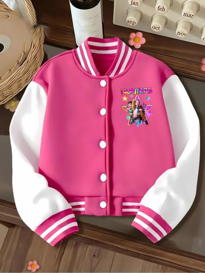Girls Short Baseball Jacket Coat, Casual Sports School Uniform with Witch Design, Elastic Fabric, Youth Fashion Outerwear