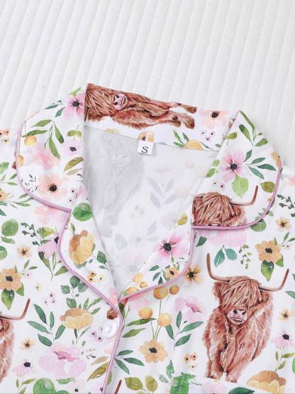 Women's 2-Piece Sleepwear Set, Highland Cow Print, Soft Shirt Collar Top & Elastic Pants, Casual Home Wear for Fall Winter