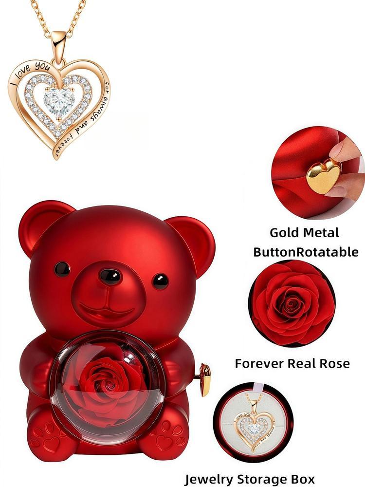 Women's Elegant Heart Design Pendant Necklace with Bear Shaped Rose Gifts Box, Exquisite Trendy Pendant Necklace, Chic Jewelry Set for Girlfriend