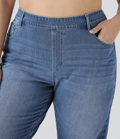 FlexHigh Waisted Pockets Straight Leg Washed Casual Plus Size Jeans