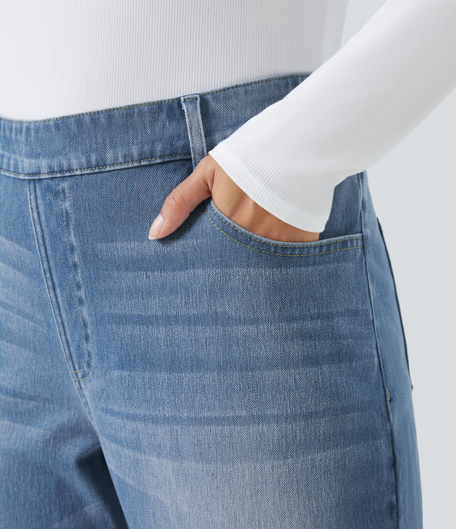 FlexHigh Waisted Pockets Straight Leg Washed Casual Plus Size Jeans