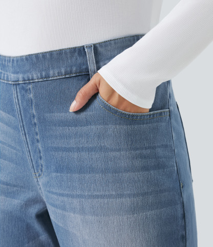 FlexHigh Waisted Pockets Straight Leg Washed Casual Plus Size Jeans