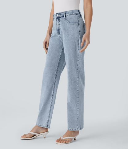 FlexHigh Waisted Zipper Pockets Straight Leg Casual Jeans