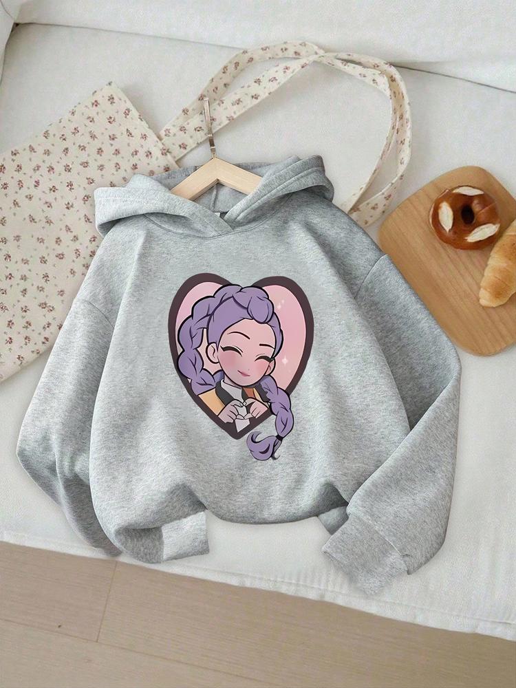 Girls' Kpop Hunter Series Hoodie, Long Sleeve Cartoon Print Pullover, Casual Comfortable Spring & Fall Fashion, Fitted Style, Graphic Casual Hoodie