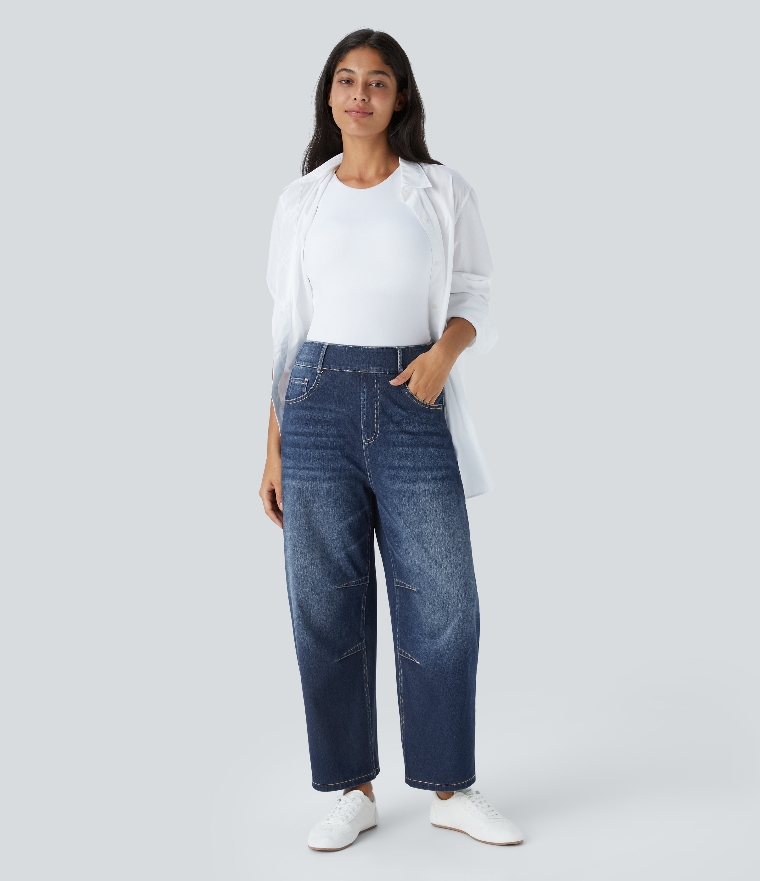 FlexMid Rise Pockets Barrel Leg Casual Jeans
