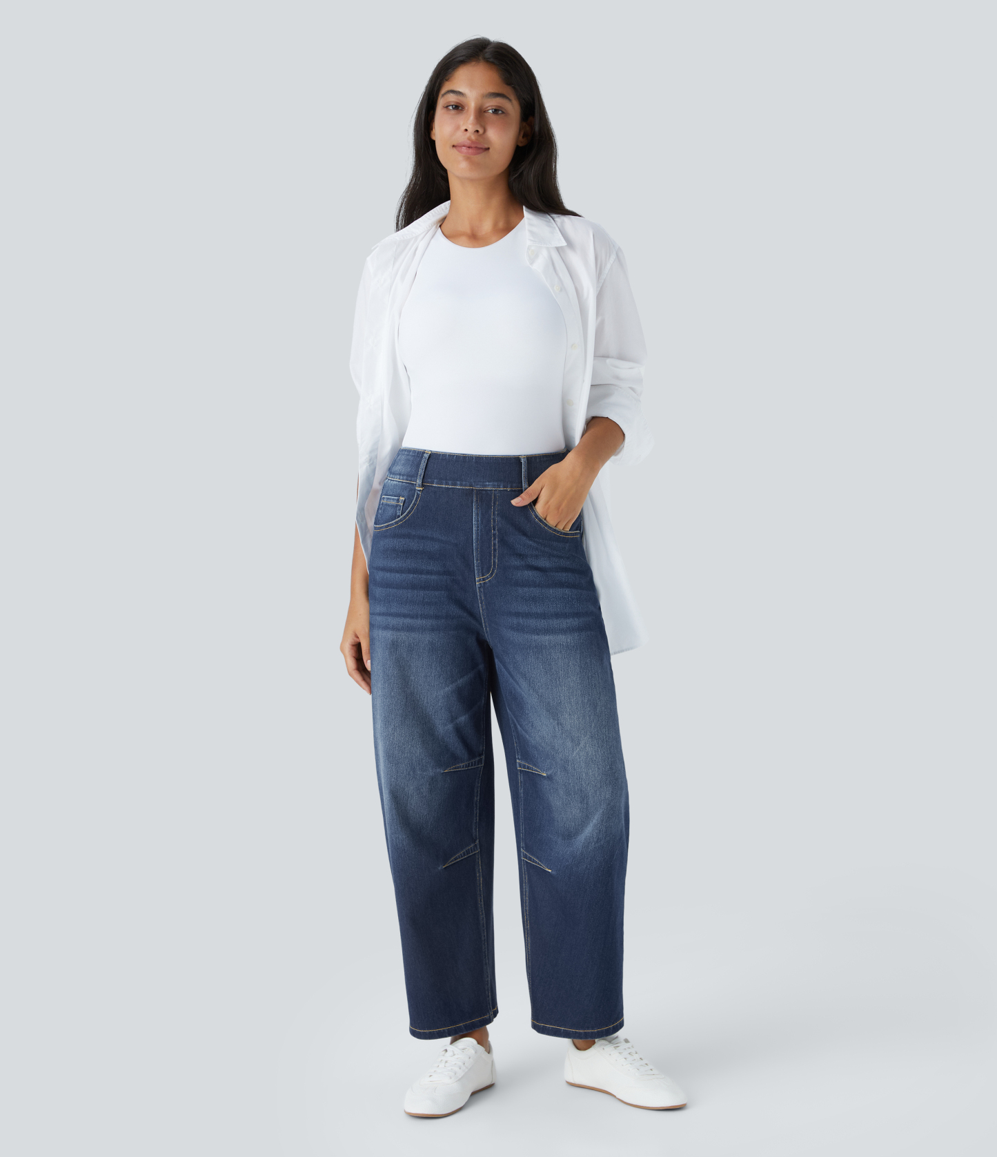 FlexMid Rise Pockets Barrel Leg Casual Jeans