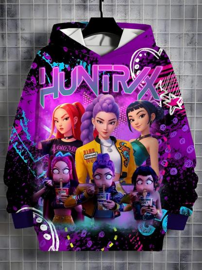 Girls Kpop Demon Hunters Hoodie, Casual Fall Winter Sportswear, Fitted Random Print Design, Durable Outdoor Activities, Christmas Gift