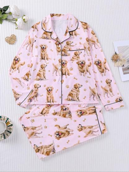 Women's Cute Dog Print Pajama Set, Long Sleeve Shirt Collar Top & Elastic Pants, Casual Fall Winter Sleepwear, Comfortable Home Wear