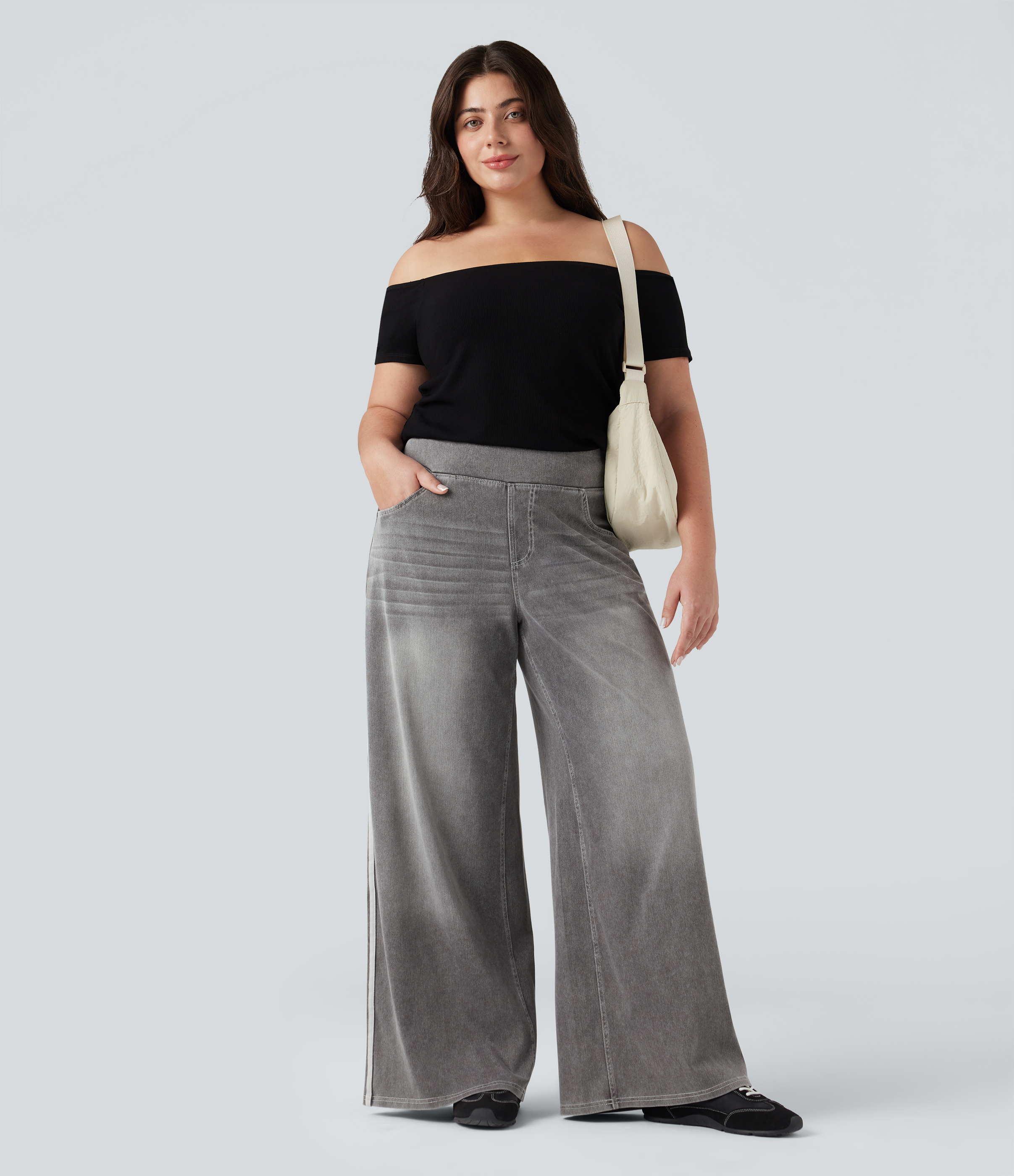 Plus Size FlexHigh Waisted Stripe Wide Leg Flowy Washed Casual Jeans with Pockets