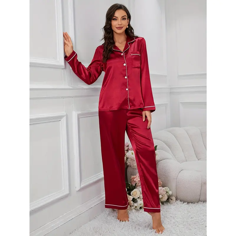 Women'S Red Satin Pajama Set - Long Sleeve, Button-Up, Casual Style, Perfect for Fall/Winter, Cozy Home Wear, Cozy Home Wear | Satin Finish | Satin Fabric