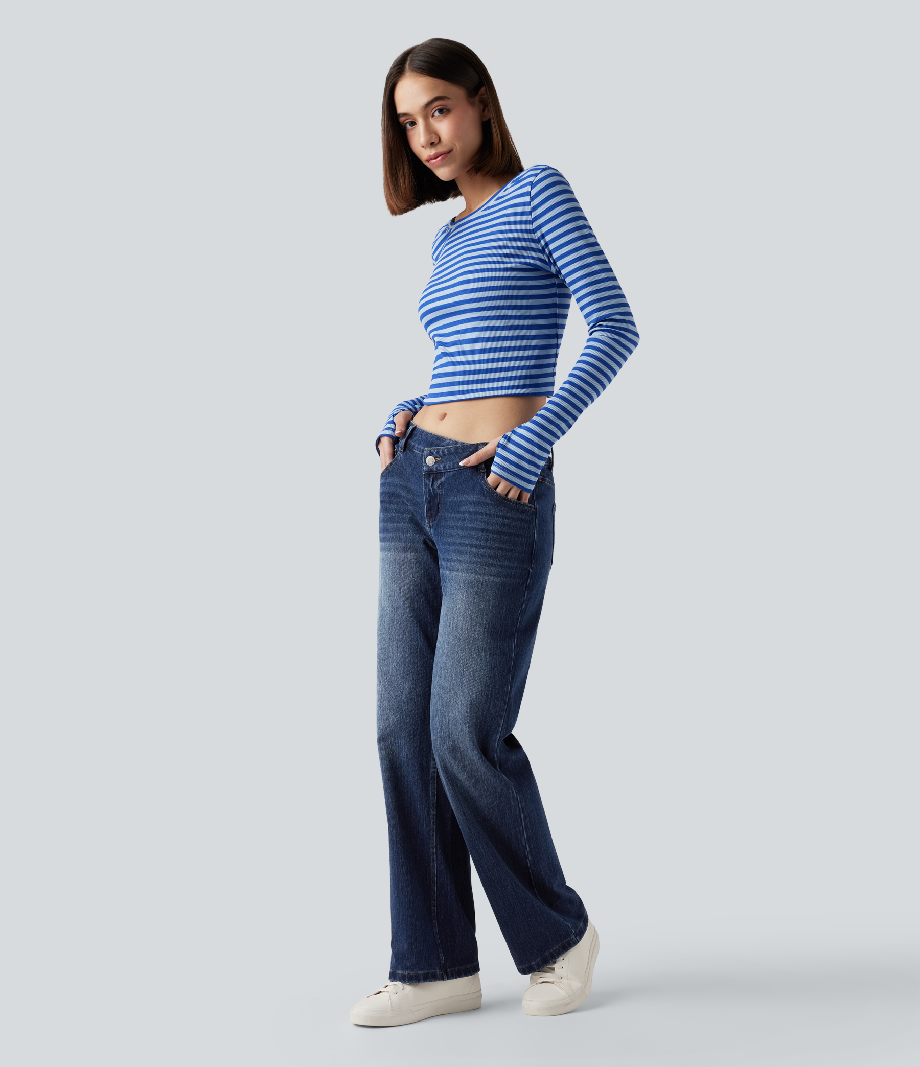 FlexAsymmetric Low Rise Straight Leg Casual Jeans with Pockets