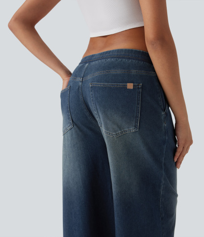 FlexLow Rise Drawstring Stretchy Knit Casual Baggy Sweatpants Jeans with Multiple Pockets