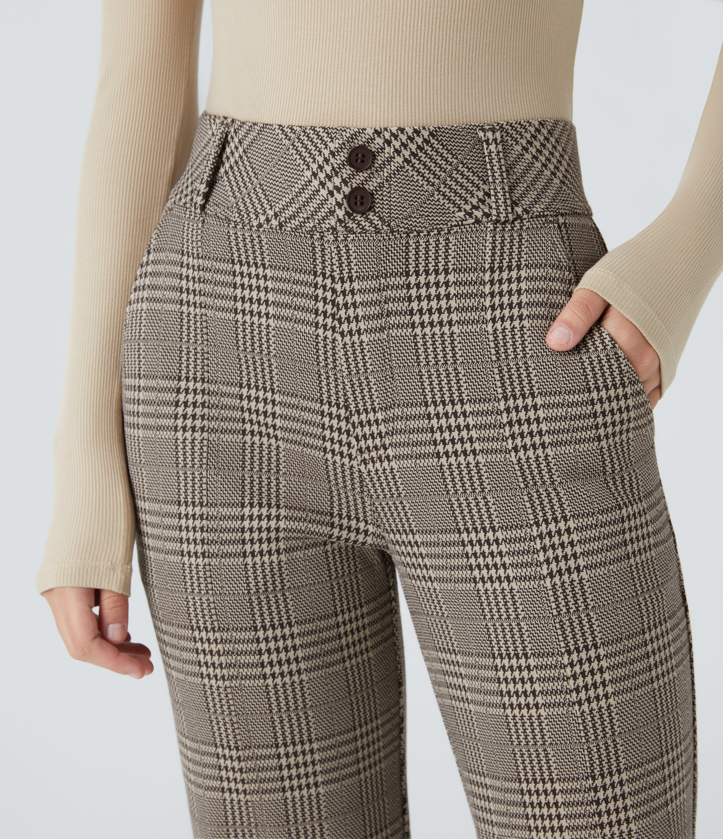 FlexHigh Waisted Decorative Pocket Houndstooth Plaid Work Flare Pants