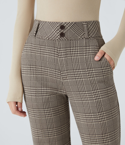 FlexHigh Waisted Decorative Pocket Houndstooth Plaid Work Flare Pants