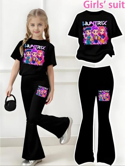 Girls' Kpop Print 2-Piece Set, Casual Sporty Short Sleeve & Bell Bottoms, Comfortable Elastic Waist Pants, Spring Summer