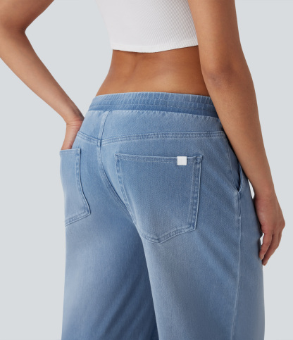 FlexLow Rise Drawstring Stretchy Knit Casual Baggy Sweatpants Jeans with Multiple Pockets