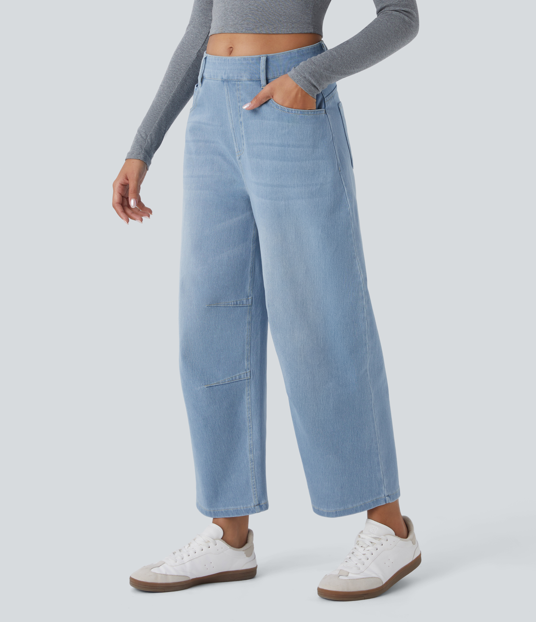 FlexMid Rise Pockets Barrel Leg Casual Jeans