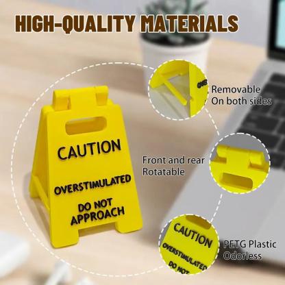 Caution Overstimulated Desk Sign - Yellow Sign with Black Text,  Humor Gag Gift for Coworkers, Boss & Employees, Mini Novelty Funny Desk Decor