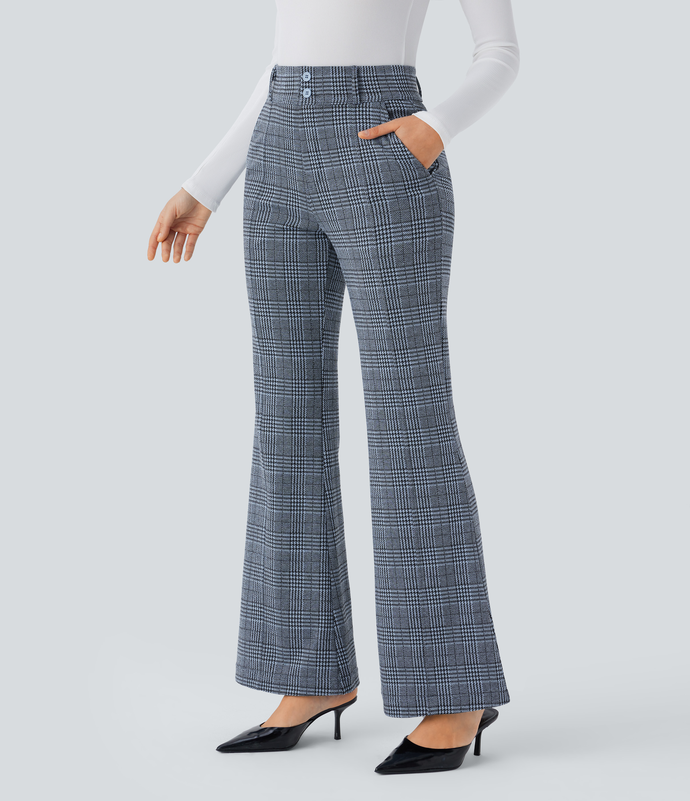 FlexHigh Waisted Decorative Pocket Houndstooth Plaid Work Flare Pants