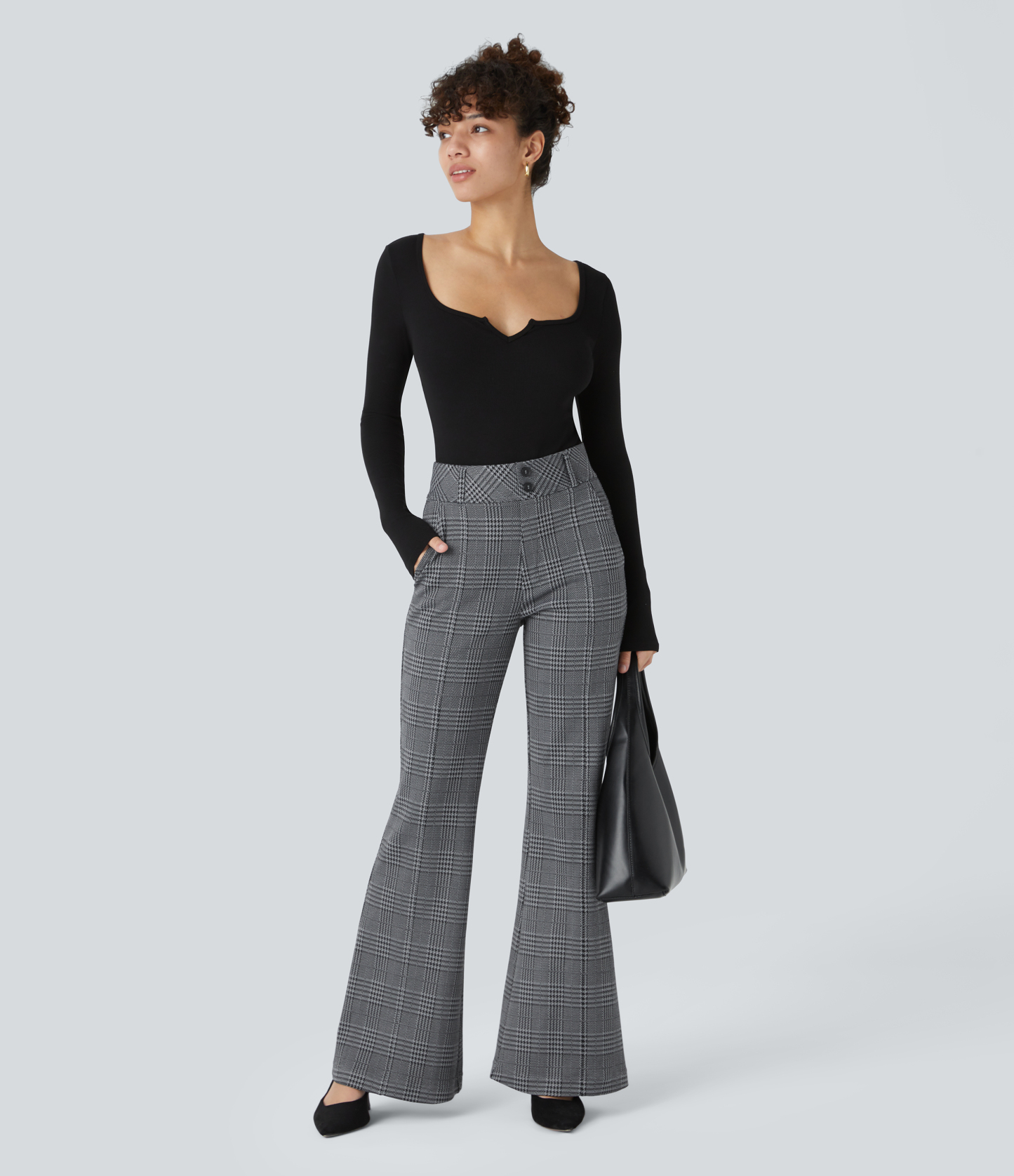 FlexHigh Waisted Decorative Pocket Houndstooth Plaid Work Flare Pants