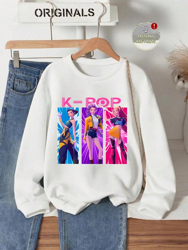 Girls' Spring & Fall Casual Fashion Kpop Falcon Girl Group Print Sweatshirt, Round Neck Long Sleeve Comfortable Basic Top