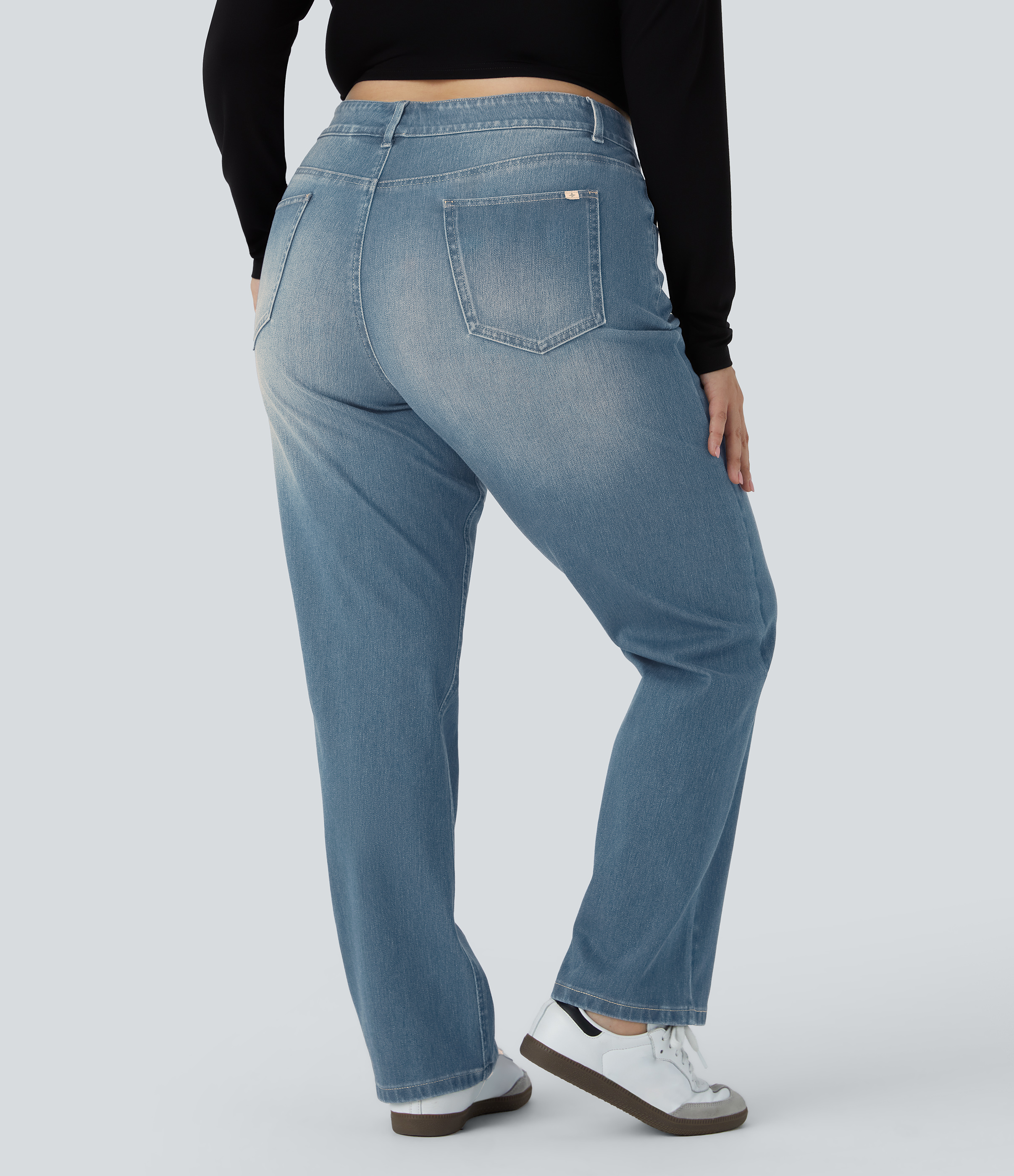 FlexHigh Waisted Pockets Straight Leg Washed Casual Plus Size Jeans