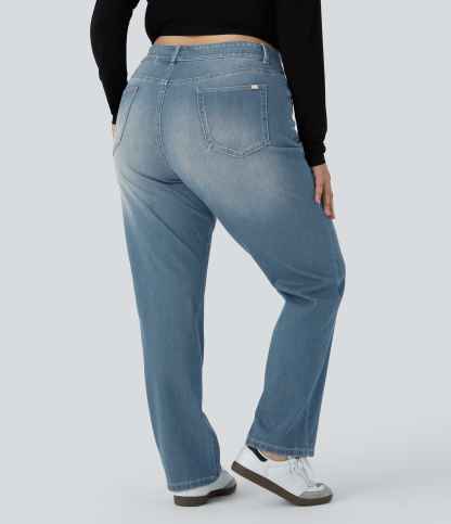FlexHigh Waisted Pockets Straight Leg Washed Casual Plus Size Jeans