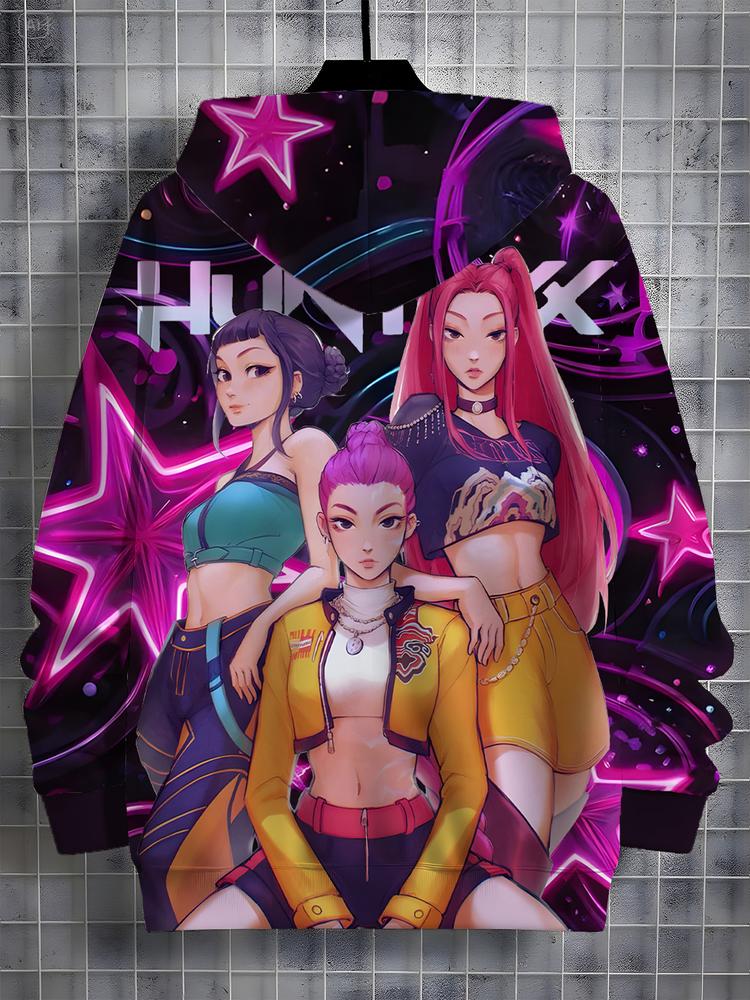 Girls Kpop Demon Hunters Hoodie, Graphic Casual Hoodie, Casual Fall Winter Sportswear, Fitted Random Print Design, Durable Outdoor Activities, Christmas Gift