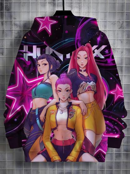 Girls Kpop Demon Hunters Hoodie, Graphic Casual Hoodie, Casual Fall Winter Sportswear, Fitted Random Print Design, Durable Outdoor Activities, Christmas Gift