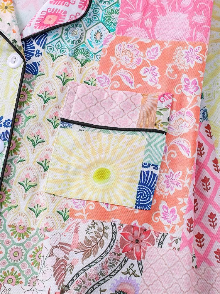 Women's Floral & Plaid Pajama Set, Long Sleeve Button Front Top, Elastic Waist Pants, Casual Fall Winter Sleepwear