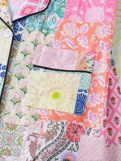 Women's Floral & Plaid Pajama Set, Long Sleeve Button Front Top, Elastic Waist Pants, Casual Fall Winter Sleepwear