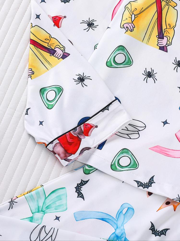 Women's Cartoon Print Pajama Set, Long Sleeve Shirt Collar Top & Elastic Pants, Casual Fall Winter Sleepwear, Comfortable Home Wear