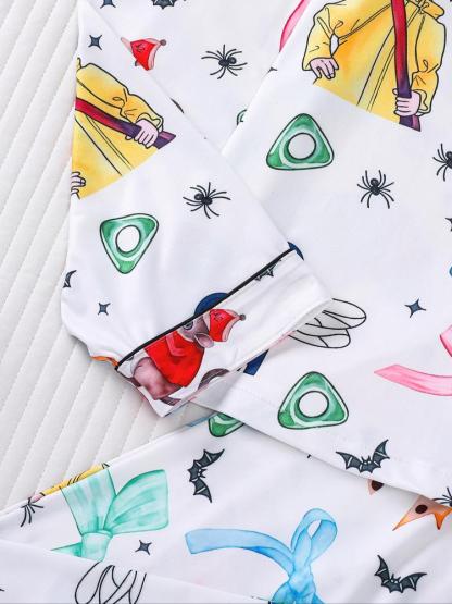 Women's Cartoon Print Pajama Set, Long Sleeve Shirt Collar Top & Elastic Pants, Casual Fall Winter Sleepwear, Comfortable Home Wear