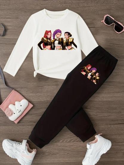Girls' Kpop Print Long Sleeve T-Shirt & Casual Sweatpants Set, Spring & Fall Fashion, Comfortable Kids Clothing Gift