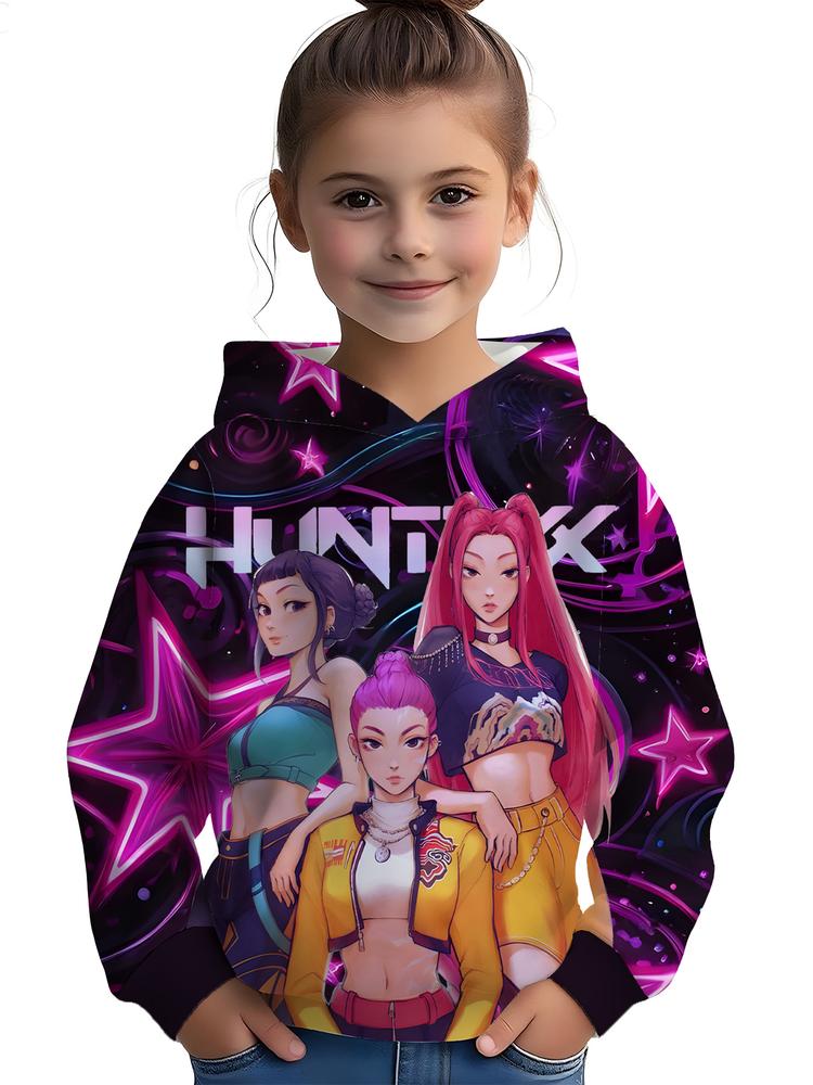 Girls Kpop Demon Hunters Hoodie, Graphic Casual Hoodie, Casual Fall Winter Sportswear, Fitted Random Print Design, Durable Outdoor Activities, Christmas Gift