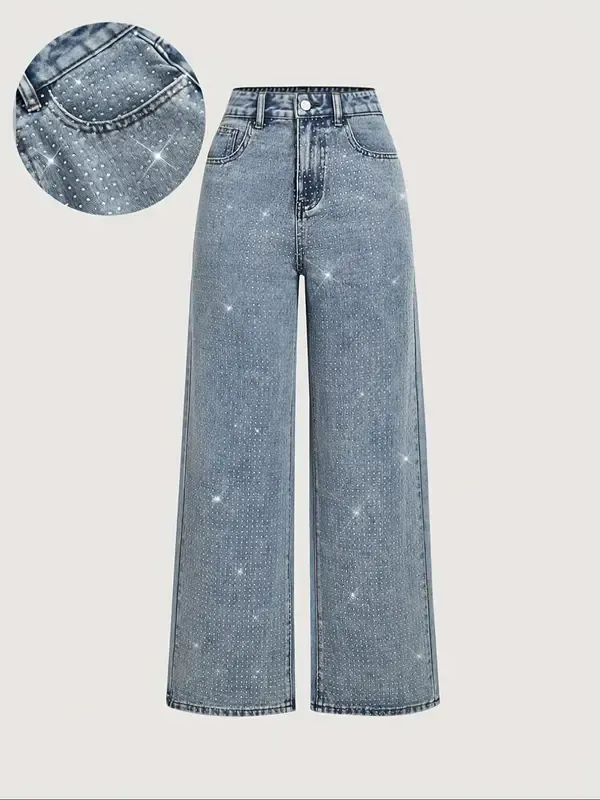 Women's Elegant High-Waisted Wide-Leg Jeans, Fitted Woven Fabric, Rhinestone Embellished, All-Season Fashion Pants
