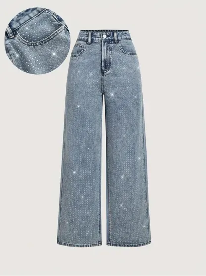 Women's Elegant High-Waisted Wide-Leg Jeans, Fitted Woven Fabric, Rhinestone Embellished, All-Season Fashion Pants